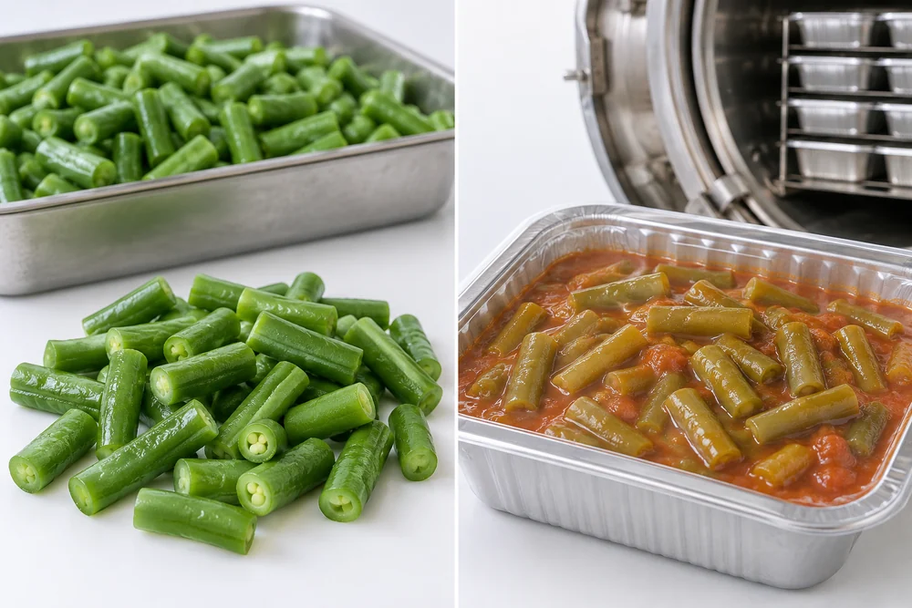Matched cut bean samples beside bean pieces in sauce and a sealed meal tray