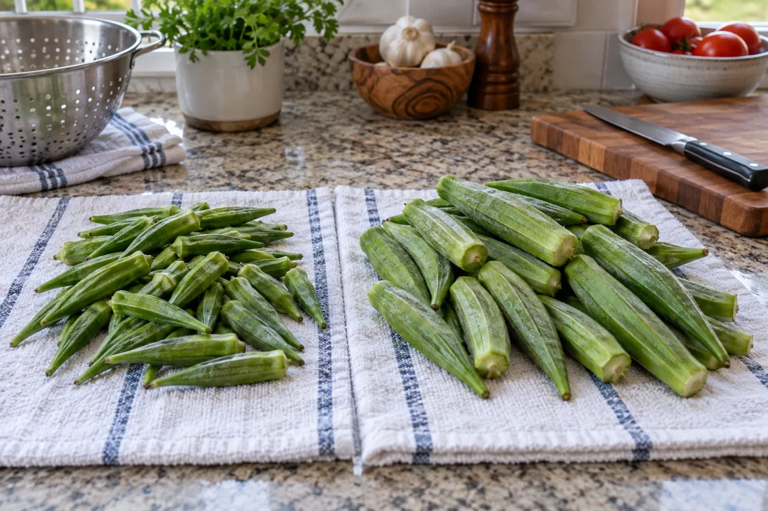 preparation view: washed and trimmed pods sorted by size before the next step.