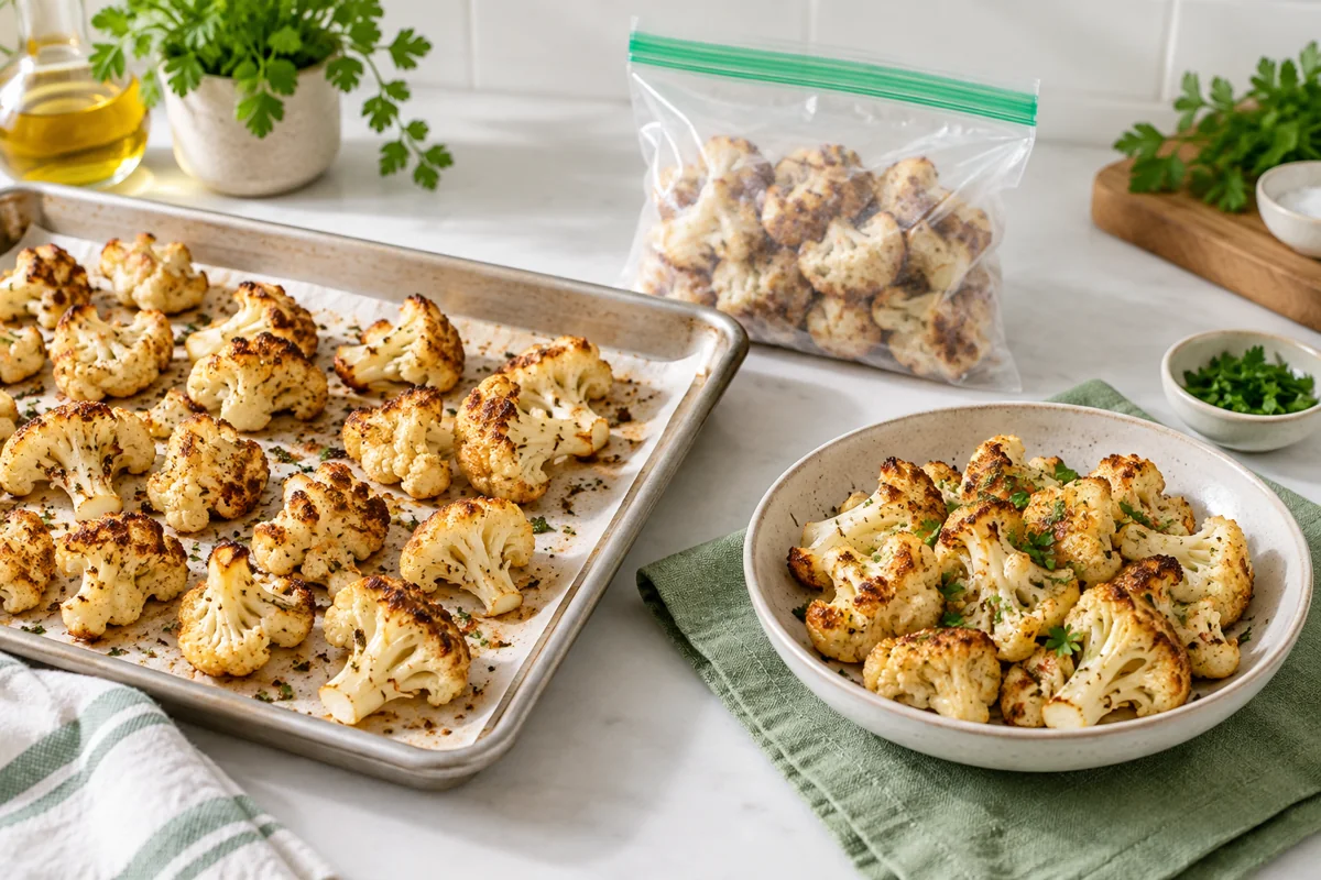 Roasted cauliflower prepared for freezing, portioning and dry reheating