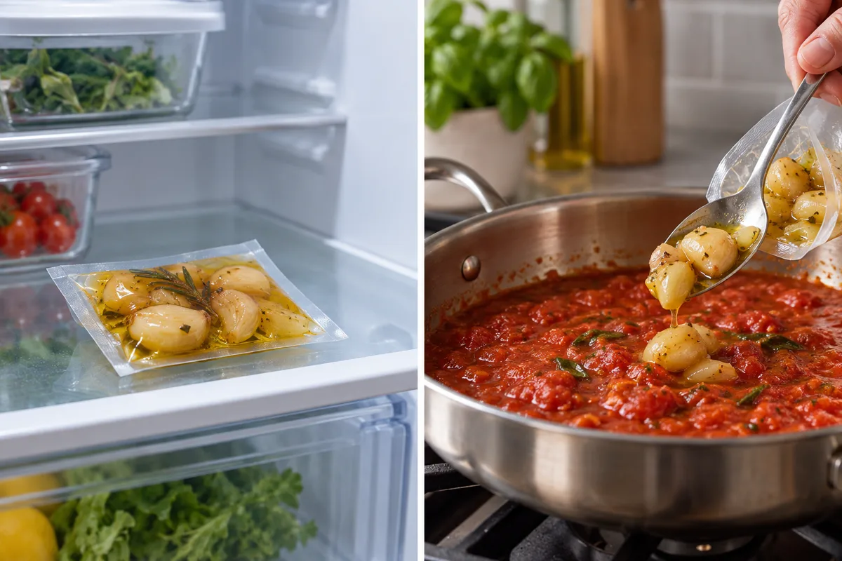Garlic confit thawed in a refrigerator or added to hot sauce