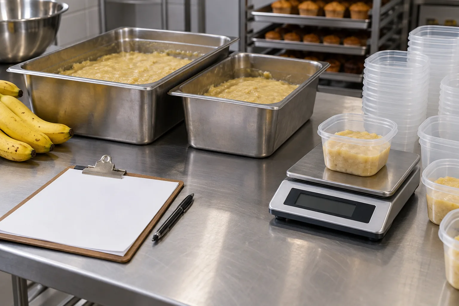 Weighed banana mash portions on a commercial bakery prep bench