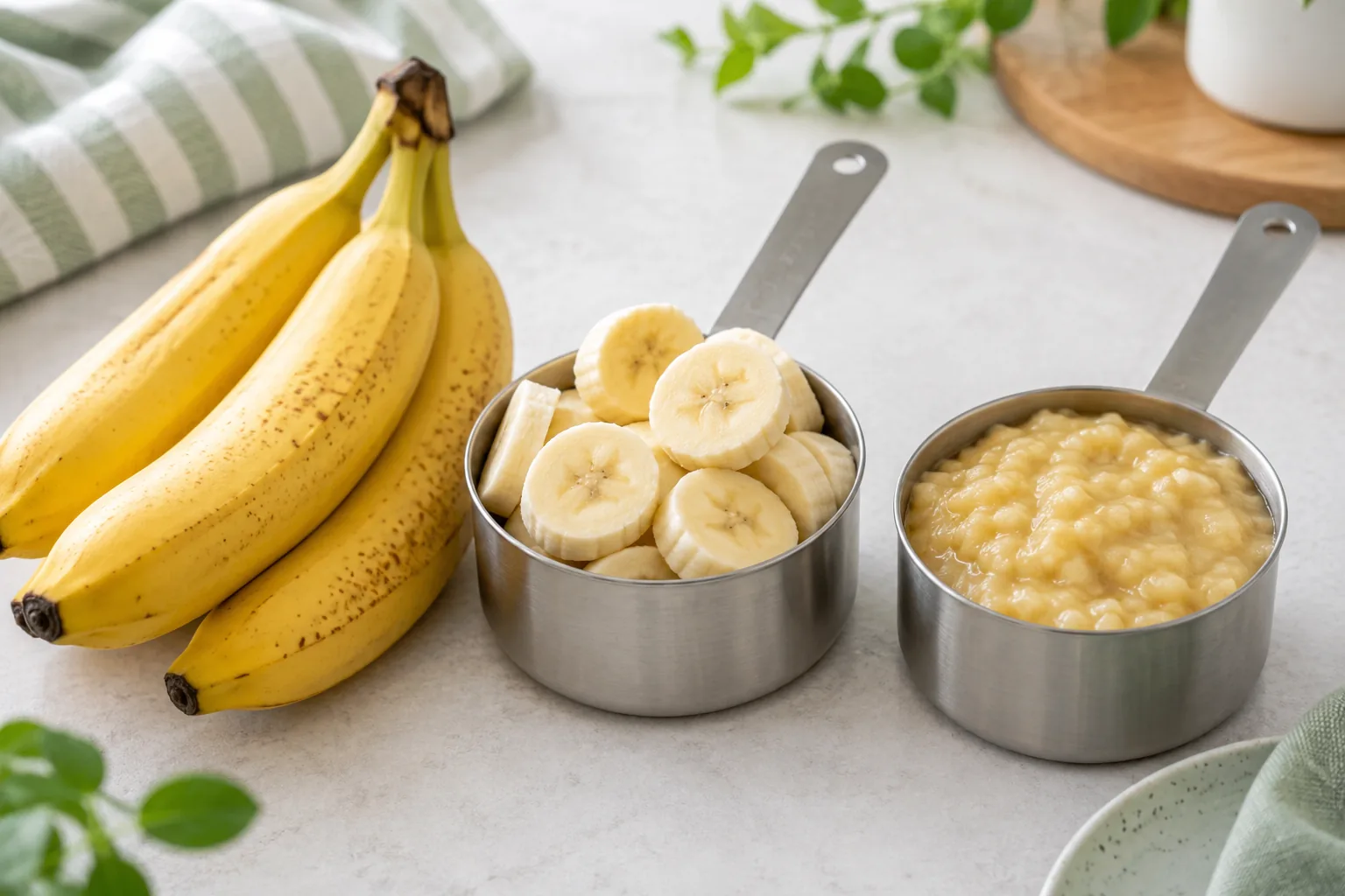 Whole ripe bananas beside one cup of slices and one cup of mashed banana