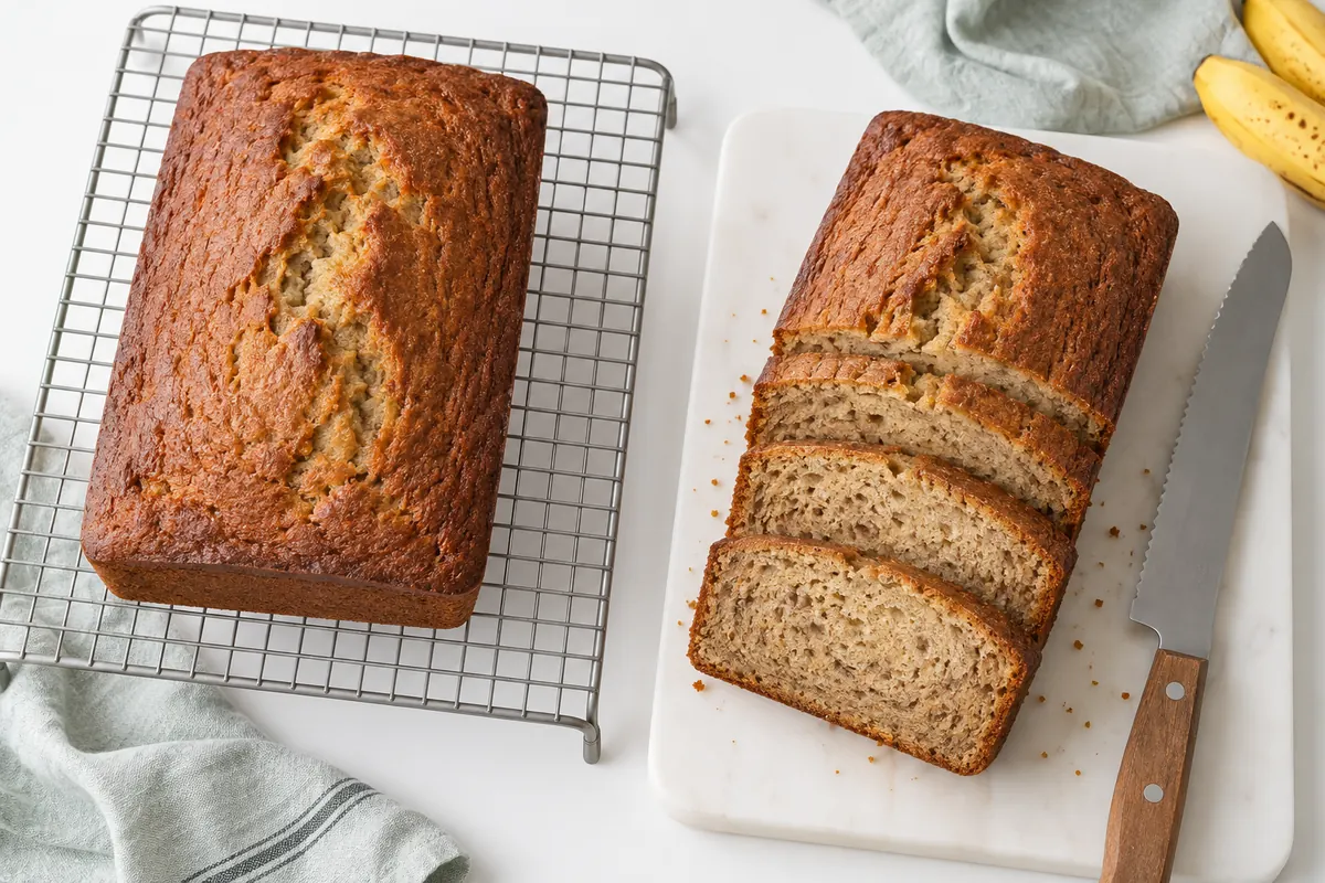 Banana bread cooling on a rack beside uniform sliced portions