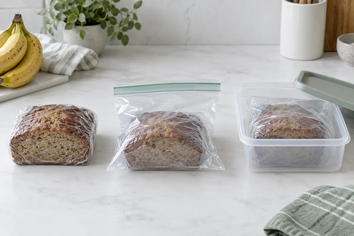 Wrapped banana bread, a freezer bag and a rigid protective container