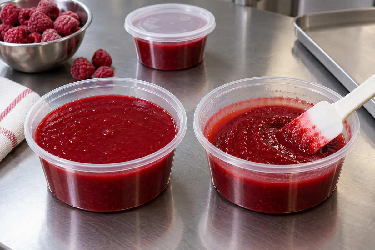 Portioned raspberry topping for freeze-thaw testing - process evidence Portioned raspberry topping for freeze-thaw testing