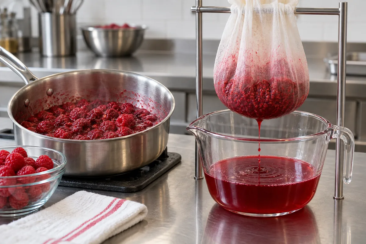 Raspberry juice draining through a jelly bag - process evidence Raspberry juice draining through a jelly bag
