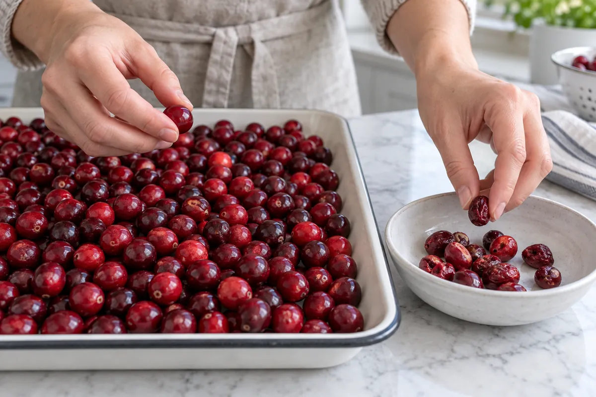 Sorting firm fresh cranberries for decorative coating - process evidence Sorting firm fresh cranberries for decorative coating