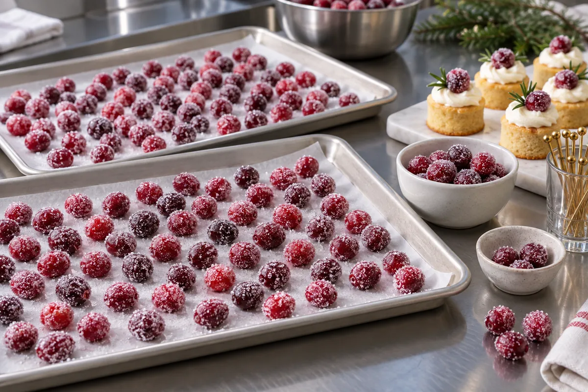 Frosted cranberries held in single layers for service - process evidence Frosted cranberries held in single layers for service