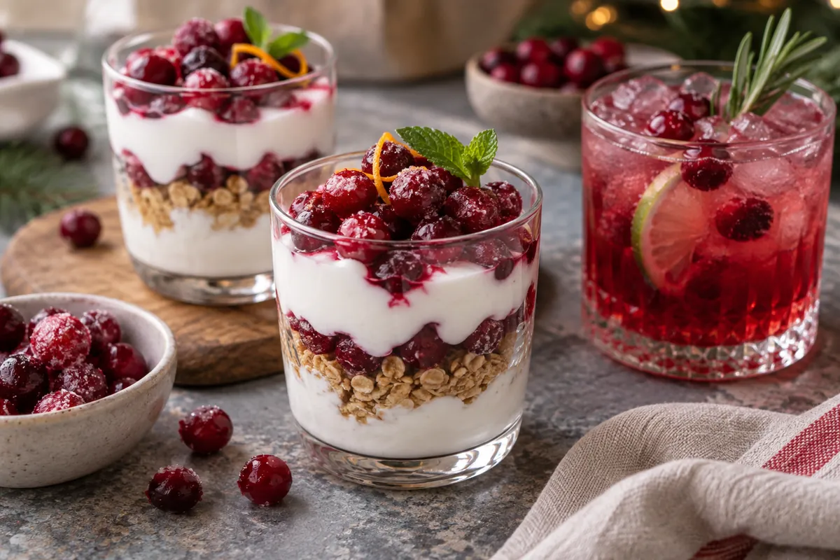 Rustic sugared thawed cranberries in drinks and parfaits - process evidence Rustic sugared thawed cranberries in drinks and parfaits