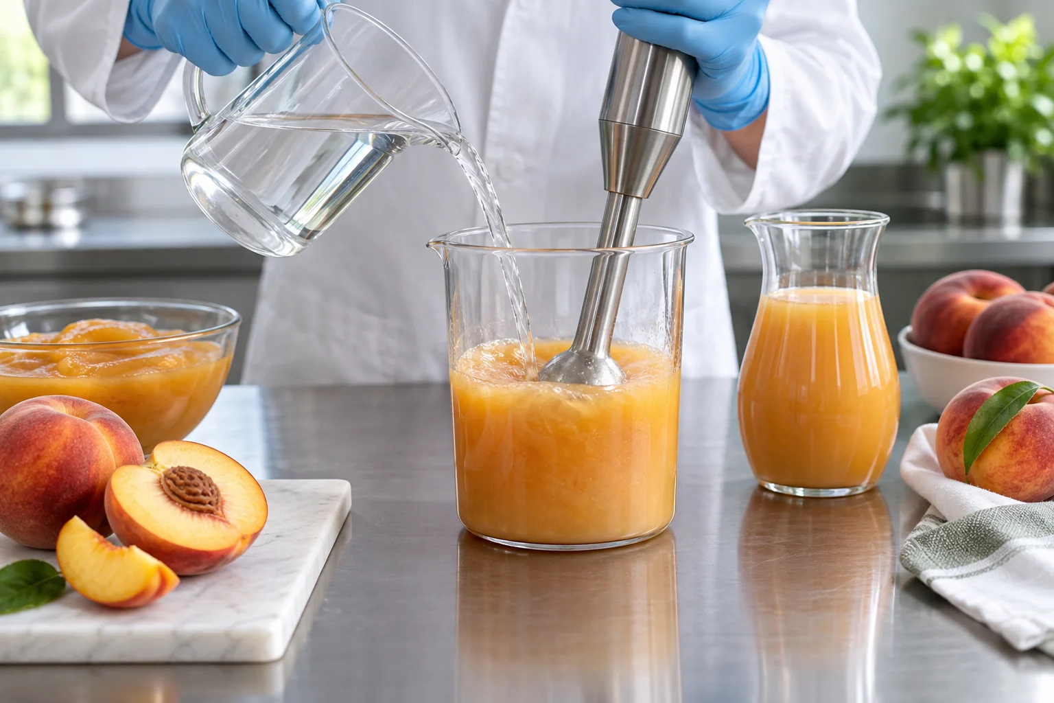 A reconstitution comparison showing dense peach concentrate before dilution and a finished peach beverage after controlled mixing, using visibly different consistencies