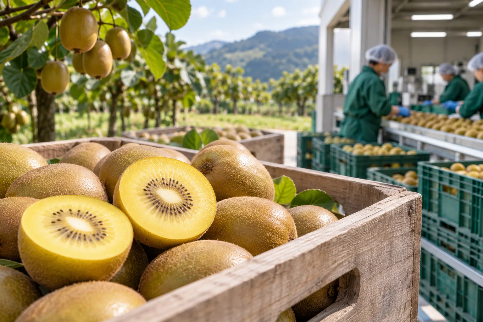 Golden kiwifruit in orchard harvest crates beside a cool-season packing scene, showing ripe yellow flesh and a clear seasonal sourcing mood without calendar text Golden kiwifruit in orchard harvest crates beside a cool-season packing scene, showing ripe yellow flesh and a clear seasonal sourcing mood without calendar text