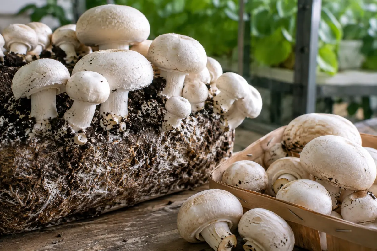 Cultivated mushrooms growing from visible substrate