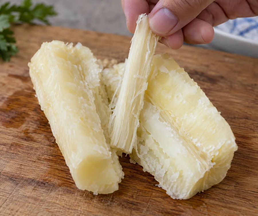 Fully cooked cassava split lengthwise with fibrous central core being lifted away, pale starchy interior in focus