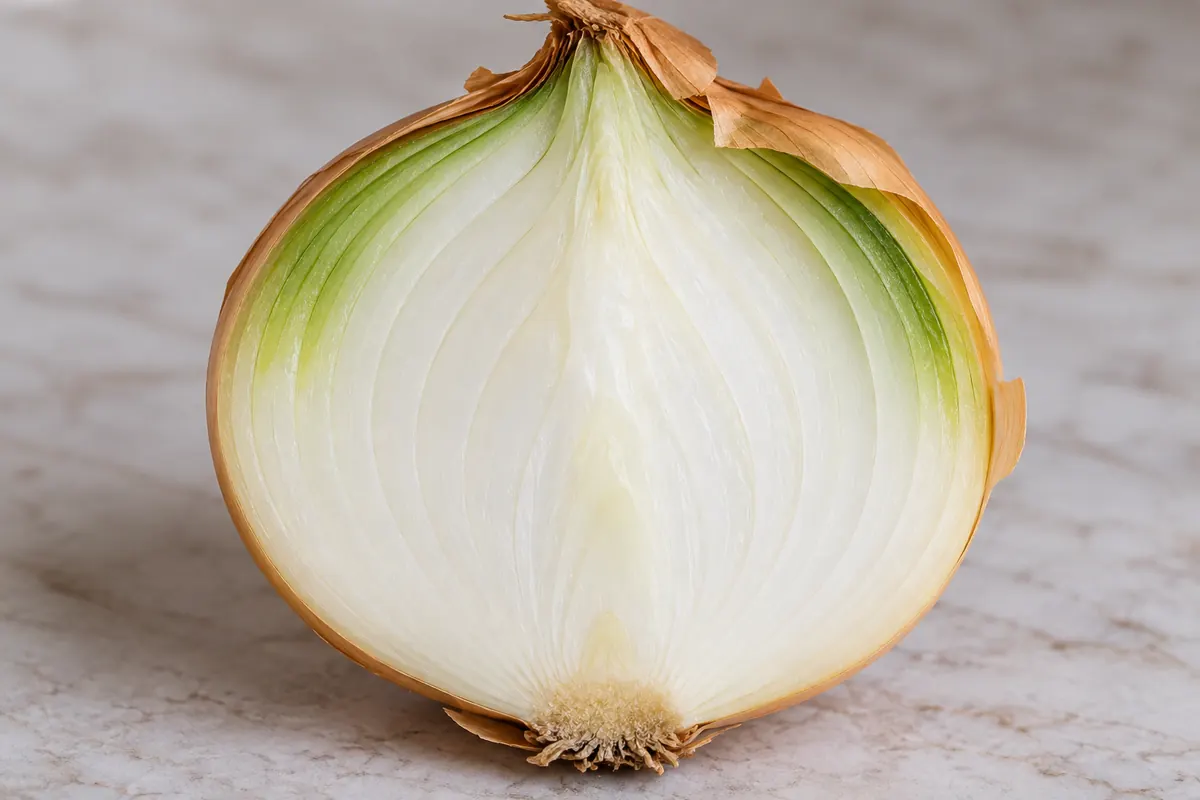 Onion cut face showing green outer scales below papery skin