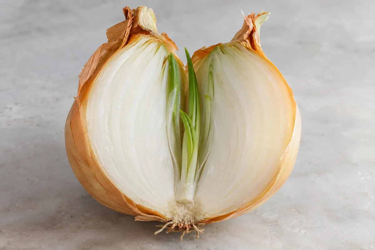 Yellow onion cut open around a green central sprout Yellow onion cut open around a green central sprout