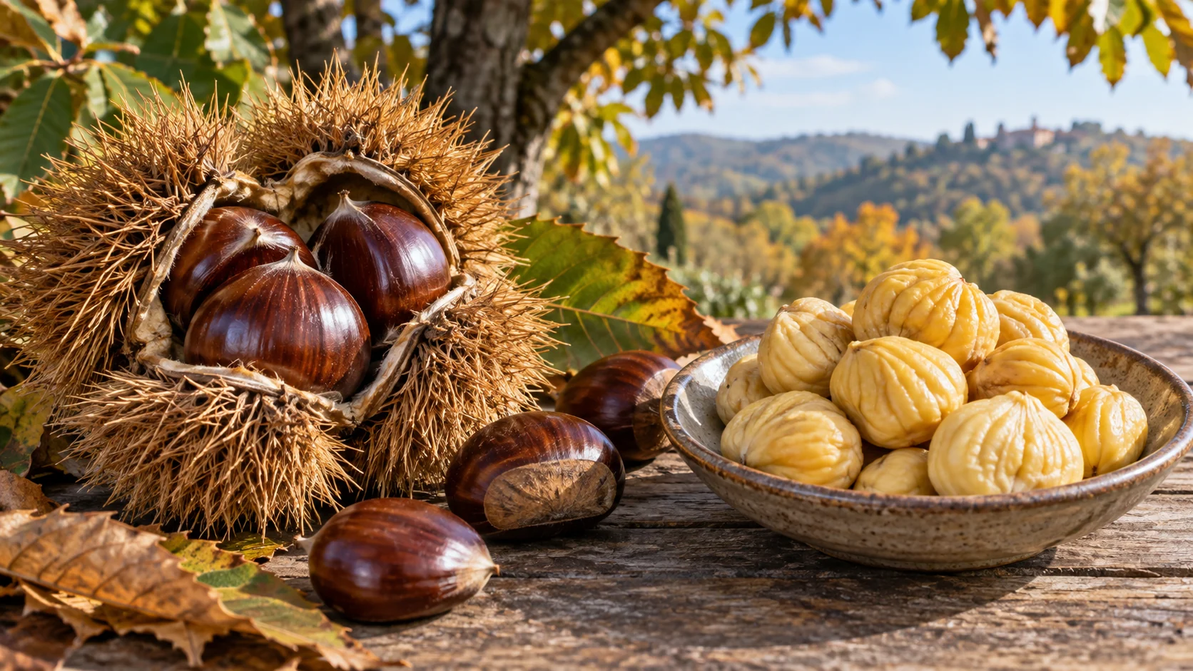 Fresh sweet chestnuts in a spiny burr beside peeled kernels Fresh sweet chestnuts in a spiny burr beside peeled kernels
