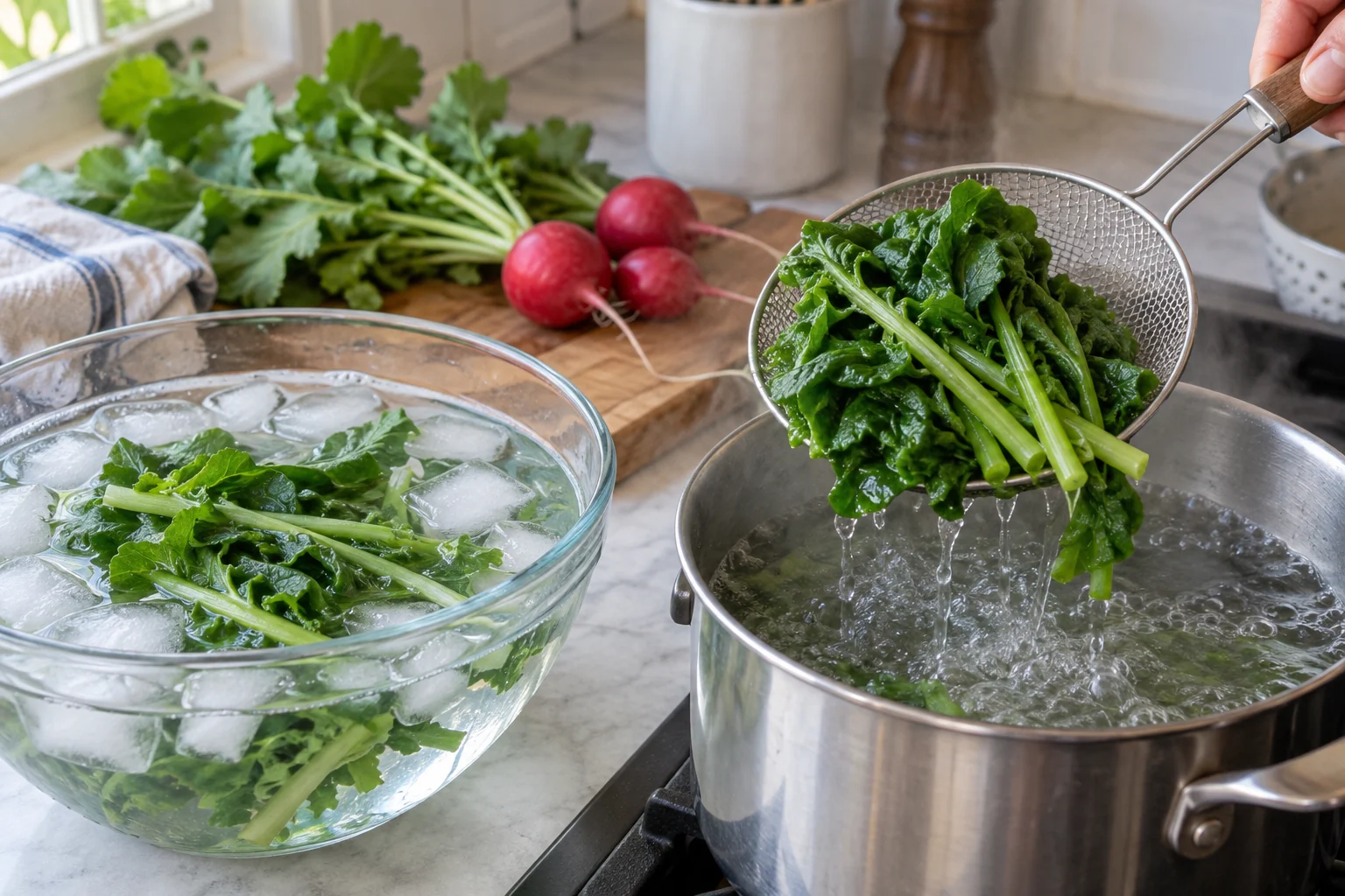 Radish leaves moved from boiling water to ice water