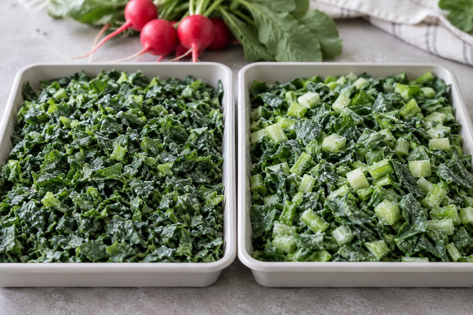 Frozen chopped radish leaf samples with different stem ratios