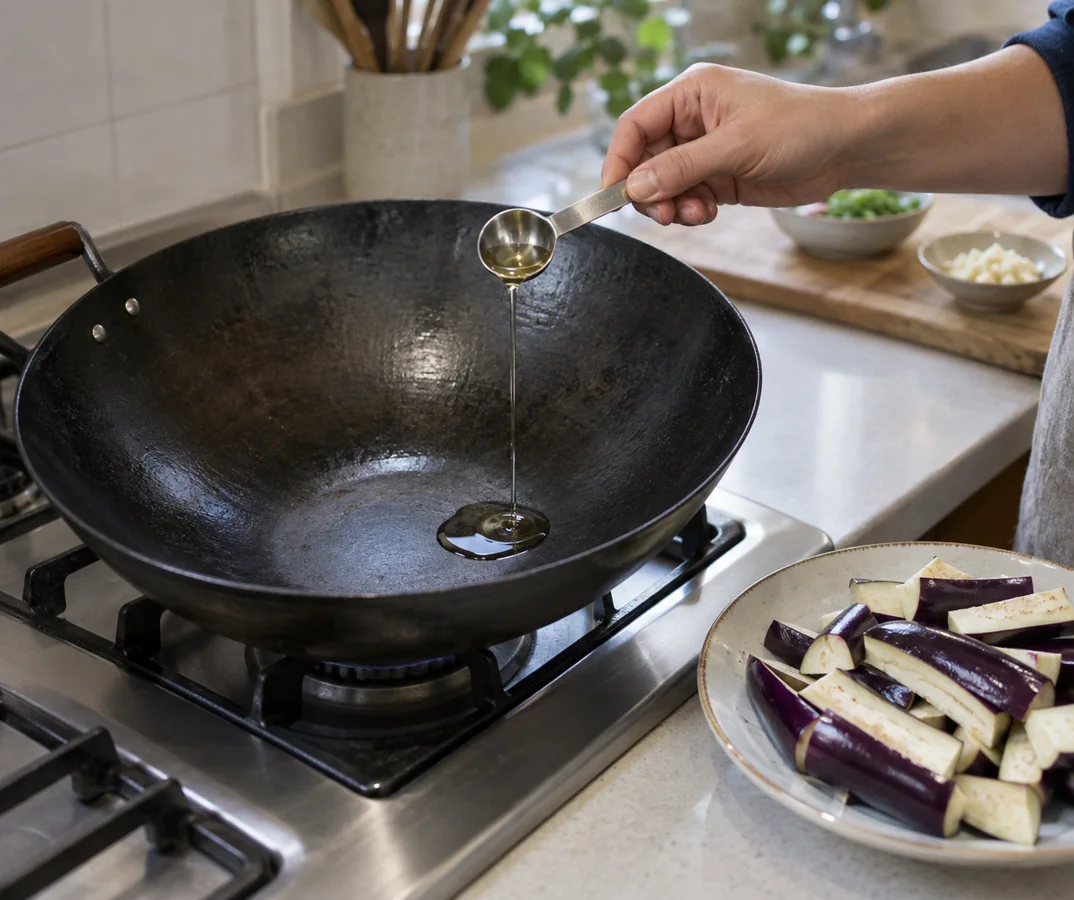 A small measured spoon of oil entering a hot wok beside eggplant wedges