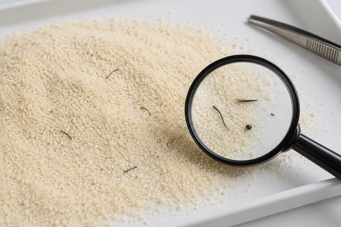 Illustrative garlic powder sample with isolated fibrous specks and magnifier