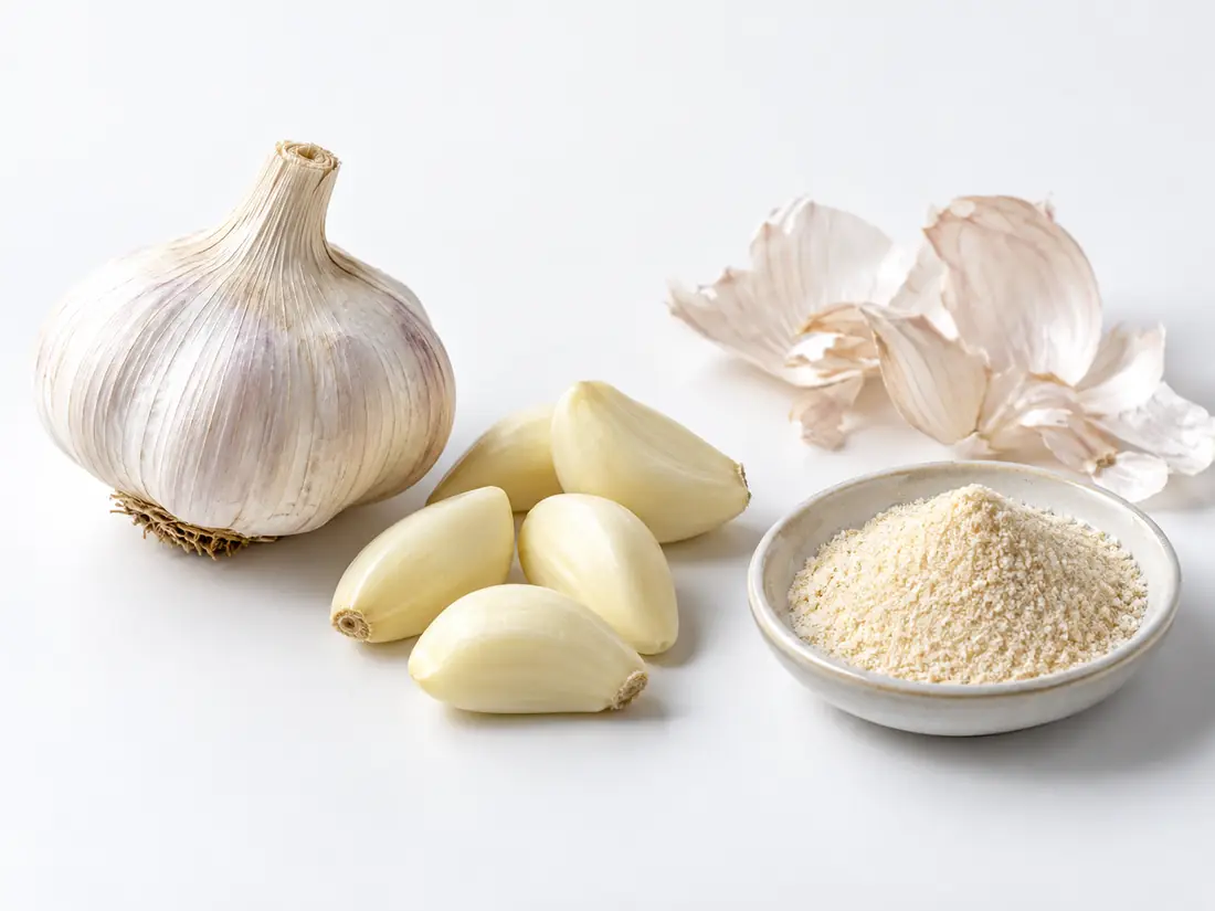 Garlic bulb, peeled cloves, discarded papery skins, and pale powder
