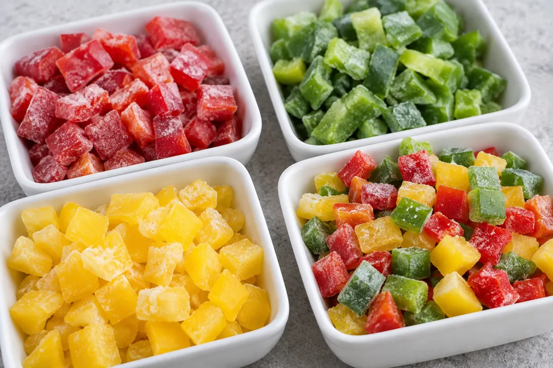 Separate frozen red green yellow bell pepper dice and a mixed tray