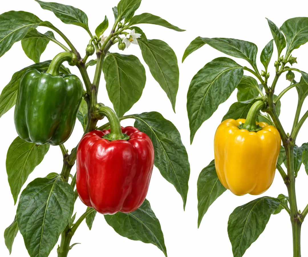 Bell pepper plants showing green red and yellow fruit
