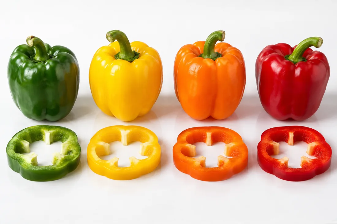 Whole and sliced green yellow orange and red bell peppers